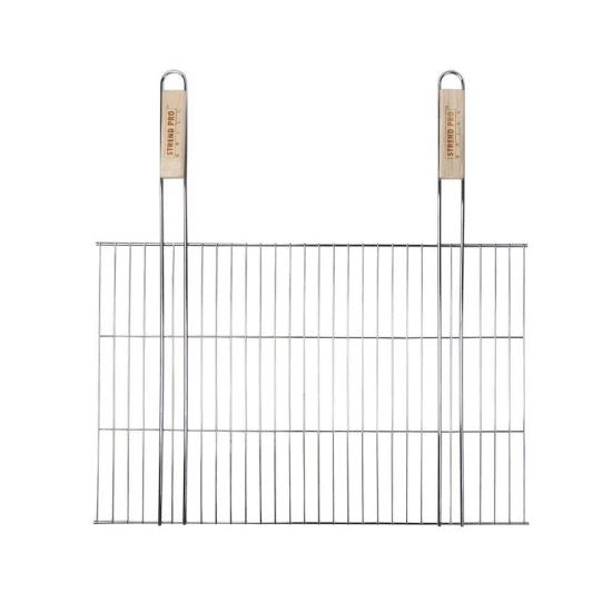 Grill, pentru gratar, dreptunghiular, cromat, maner lemn, 58x38 cm