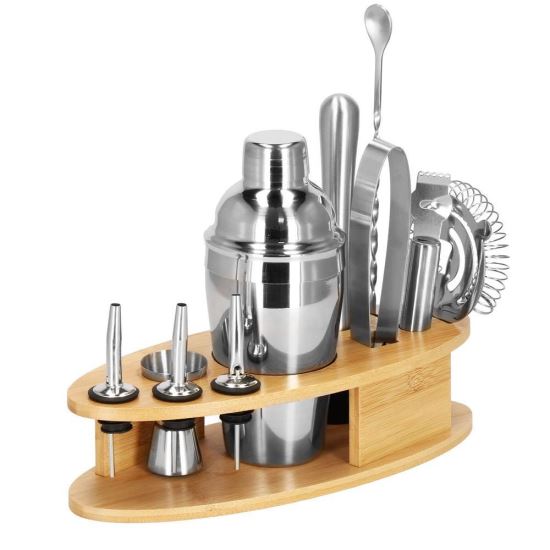 Kit pentru barmani, cocktail shaker, suport bambus, inox, set 11 piese, 550 ml, Springos