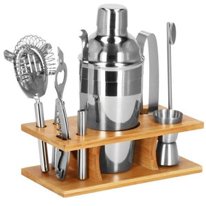 Kit pentru barmani, cocktail shaker, suport bambus, inox, set 9 piese, 550 ml, Springos