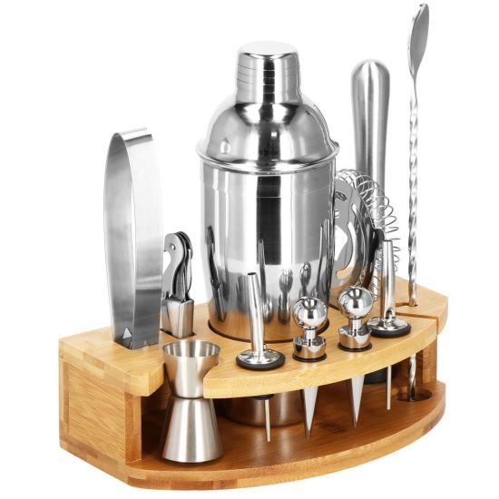 Kit pentru barmani, cocktail shaker, suport bambus, inox, set 12 piese, 750 ml, Springos