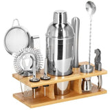 Kit pentru barmani, cocktail shaker, suport bambus, inox, set 11 piese, 750 ml, Springos