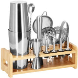 Kit pentru barmani, cocktail shaker, suport bambus, inox, set 14 piese, 600/750 ml, Springos