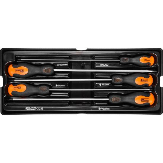 Set surubelnite lungi, late si cruce, sertar TIP A (385x150 mm) pentru dulap mobil, PH0-2, 4-6 mm, 250 mm, 5 buc, RICHMANN