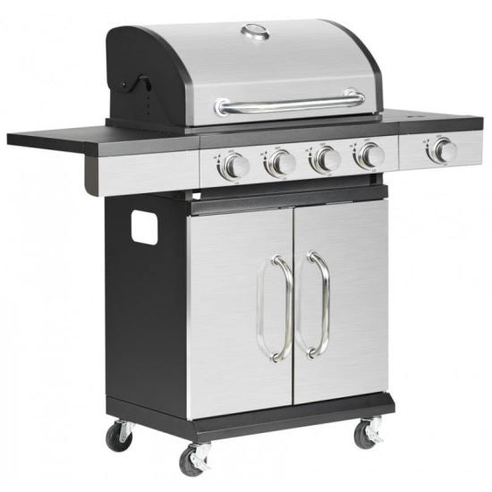 Gratar gradina, grill dreptunghiular, cu gaz, 4+1 arzatoare, cu roti, capac, 120x48x110 cm, BBQ Forbes 