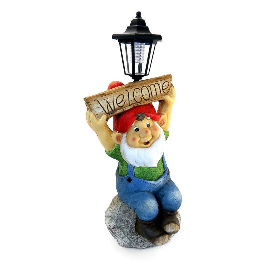 Decoratiune gradina, ceramica, lampa solara, pitic cu felinar si tablita welcome, 22x21.5x41 cm