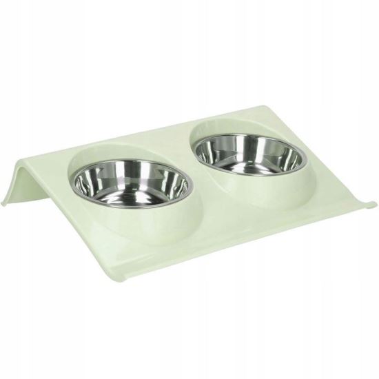 Castron, bol, pentru caine, pisica, dublu, cu suport, inox si plastic, verde, 2 x 14 cm 