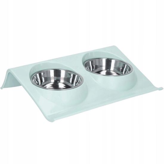 Castron, bol, pentru caine, pisica, dublu, cu suport, inox si plastic, albastru, 2 x 14 cm