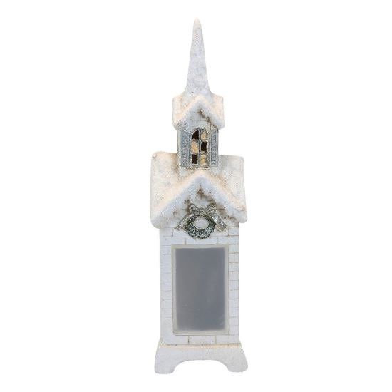 Decoratiune iarna, ceramica, felinar tip biserica, LED, 3xAA, 14x11x45.5 cm