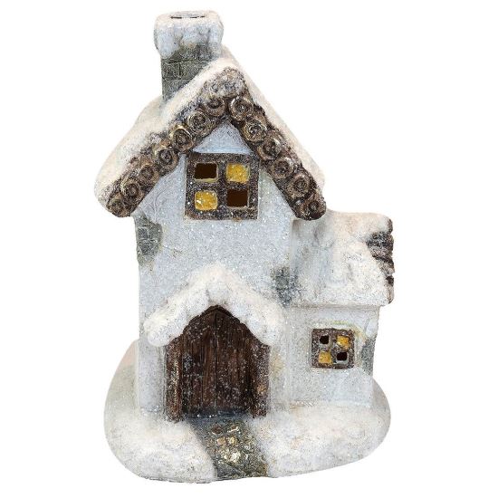 Decoratiune iarna, ceramica, casa inzapezita, LED, 2xAAA, 19x13.5x27 cm