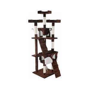 Ansamblu de joaca pentru pisici, cu scara si platforme, maro si alb, 49x49x170 cm