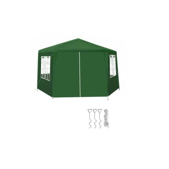 Pavilion/foisor pentru gradina/terasa, cadru metalic, 6 pereti, cu ferestre, verde, 4x4x2.6 m 