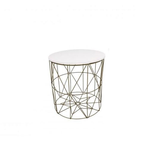 Masa rotunda cu cos depozitare, MDF, baza metalica, auriu si alb, marime S, 35x36.5 cm