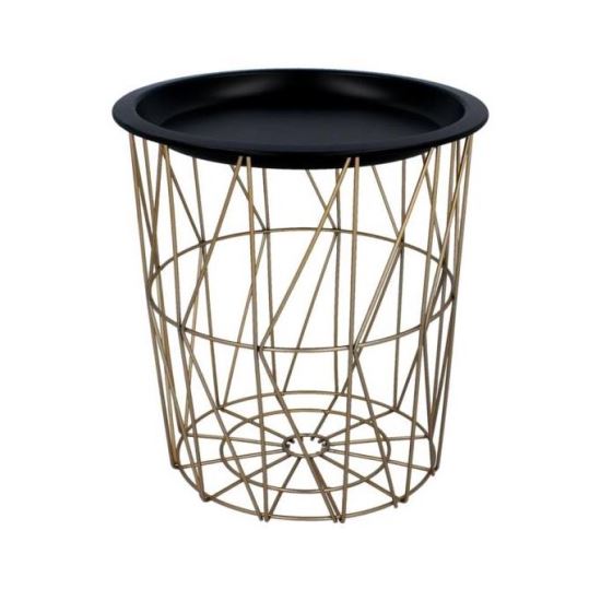 Masa rotunda cu cos depozitare, MDF, baza metalica, auriu si negru, marime L, 39.5x41 cm