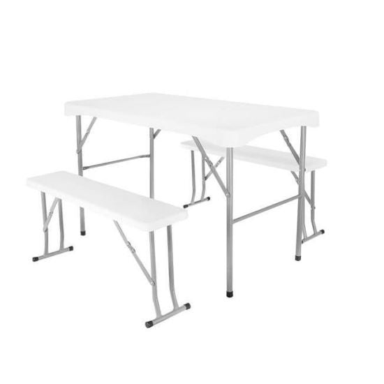 Set mobilier gradina/terasa, pliabil, alb, 1 masa, 2 banci