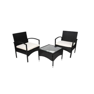 Set mobilier gradina/terasa/balcon, tehnoratan, negru cu perne albe, 1 masa, 2 scaune, Malatec