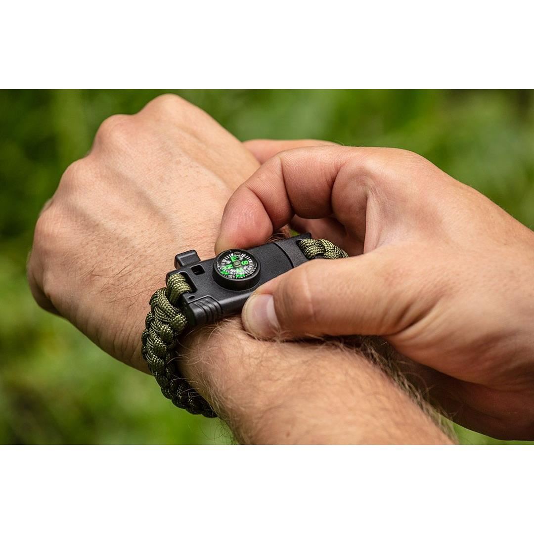 Bratara de supravietuire in paracord verde militar 5 in 1, cutit