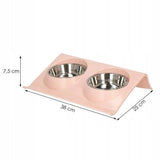 Castron, bol, pentru caine, pisica, dublu, cu suport, inox si plastic, roz, 2 x 14 cm 