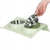 Castron, bol, pentru caine, pisica, dublu, cu suport, inox si plastic, verde, 2 x 14 cm 