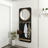 Cuier suspendat, pal melaminat, cu 2 rafturi, 4 carlige si oglinda, negru si natur, 60x15x150 cm, Slim Dresser, Minar