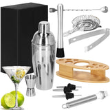 Kit pentru barmani, cocktail shaker, suport bambus, inox, set 11 piese, 550 ml, Springos