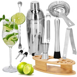 Kit pentru barmani, cocktail shaker, suport bambus, inox, set 11 piese, 550 ml, Springos