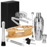 Kit pentru barmani, cocktail shaker, suport bambus, inox, set 11 piese, 550 ml, Springos