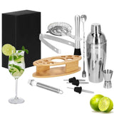 Kit pentru barmani, cocktail shaker, suport bambus, inox, set 11 piese, 550 ml, Springos