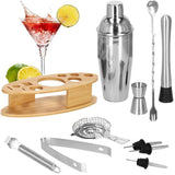 Kit pentru barmani, cocktail shaker, suport bambus, inox, set 11 piese, 550 ml, Springos