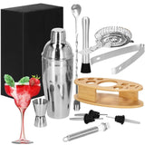 Kit pentru barmani, cocktail shaker, suport bambus, inox, set 11 piese, 550 ml, Springos