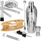 Kit pentru barmani, cocktail shaker, suport bambus, inox, set 11 piese, 550 ml, Springos