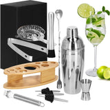 Kit pentru barmani, cocktail shaker, suport bambus, inox, set 11 piese, 550 ml, Springos