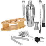 Kit pentru barmani, cocktail shaker, suport bambus, inox, set 11 piese, 550 ml, Springos