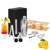 Kit pentru barmani, cocktail shaker, suport bambus, inox, set 11 piese, 750 ml, Springos