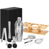 Kit pentru barmani, cocktail shaker, suport bambus, inox, set 11 piese, 750 ml, Springos