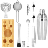 Kit pentru barmani, cocktail shaker, suport bambus, inox, set 11 piese, 750 ml, Springos