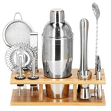 Kit pentru barmani, cocktail shaker, suport bambus, inox, set 11 piese, 750 ml, Springos