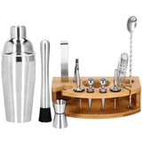 Kit pentru barmani, cocktail shaker, suport bambus, inox, set 12 piese, 750 ml, Springos