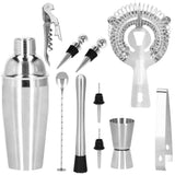 Kit pentru barmani, cocktail shaker, suport bambus, inox, set 12 piese, 750 ml, Springos