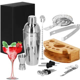 Kit pentru barmani, cocktail shaker, suport bambus, inox, set 12 piese, 750 ml, Springos