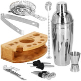 Kit pentru barmani, cocktail shaker, suport bambus, inox, set 12 piese, 750 ml, Springos