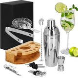 Kit pentru barmani, cocktail shaker, suport bambus, inox, set 12 piese, 750 ml, Springos