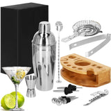 Kit pentru barmani, cocktail shaker, suport bambus, inox, set 12 piese, 750 ml, Springos