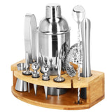 Kit pentru barmani, cocktail shaker, suport bambus, inox, set 12 piese, 750 ml, Springos