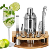 Kit pentru barmani, cocktail shaker, suport bambus, inox, set 12 piese, 750 ml, Springos