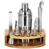 Kit pentru barmani, cocktail shaker, suport bambus, inox, set 12 piese, 750 ml, Springos