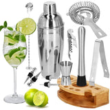 Kit pentru barmani, cocktail shaker, suport bambus, inox, set 12 piese, 750 ml, Springos