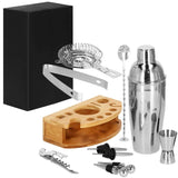 Kit pentru barmani, cocktail shaker, suport bambus, inox, set 12 piese, 750 ml, Springos