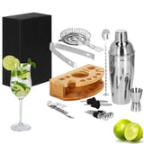 Kit pentru barmani, cocktail shaker, suport bambus, inox, set 12 piese, 750 ml, Springos