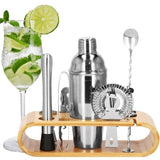 Kit pentru barmani, cocktail shaker, suport bambus, inox, set 12 piese, 750ml, Springos