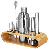 Kit pentru barmani, cocktail shaker, suport bambus, inox, set 12 piese, 750ml, Springos